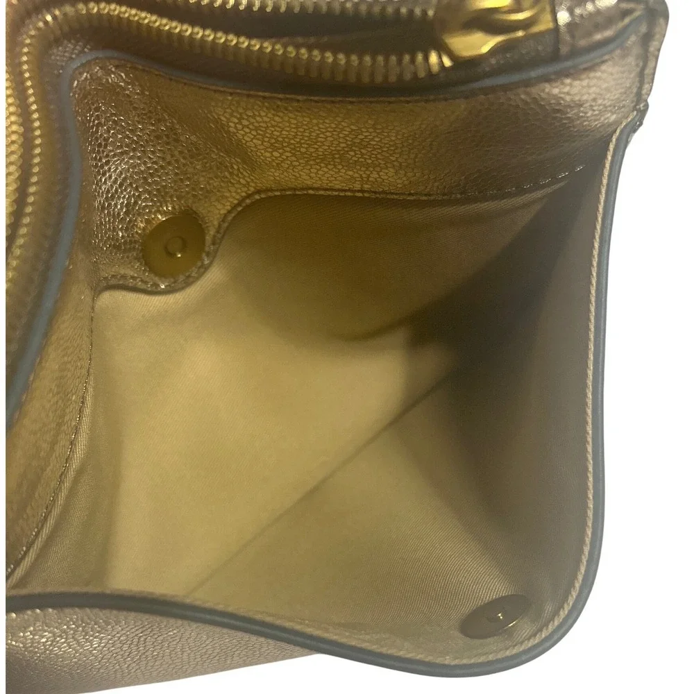 J.Crew Metallic Gold Pebbled Leather Green Tassel Clutch Bag 8.25